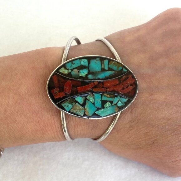 VTG Sterling Silver 925 Southwest Oval Crushed Turquoise Coral Cuff Bracelet - Picture 2 of 16